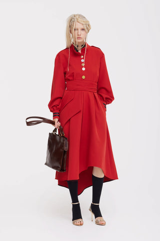 Double-Collar Belted A-Line Midi Dress – Red