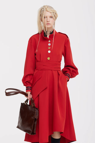 Double-Collar Belted A-Line Midi Dress – Red