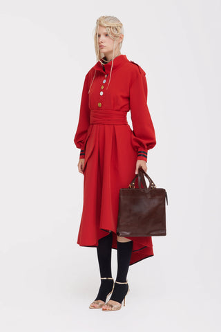 Double-Collar Belted A-Line Midi Dress – Red