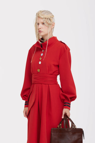 Double-Collar Belted A-Line Midi Dress – Red