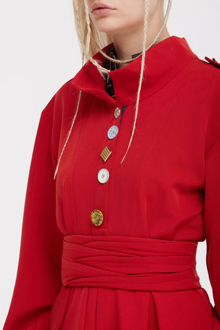 Double-Collar Belted A-Line Midi Dress – Red