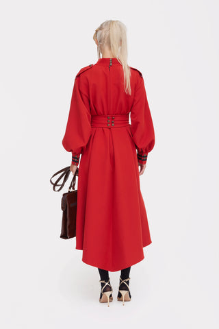 Double-Collar Belted A-Line Midi Dress – Red