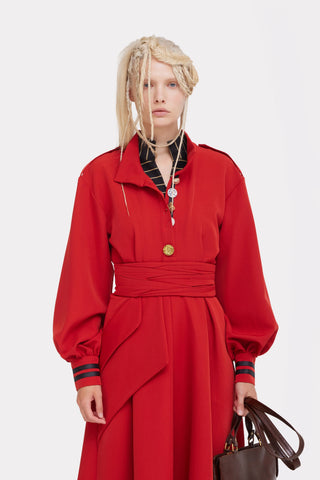 Double-Collar Belted A-Line Midi Dress – Red