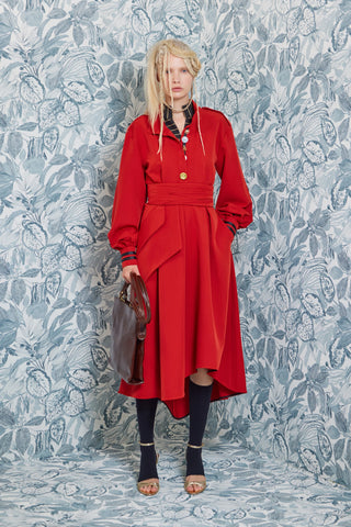 Double-Collar Belted A-Line Midi Dress – Red