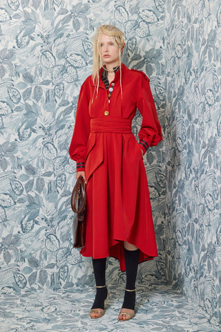 Double-Collar Belted A-Line Midi Dress – Red