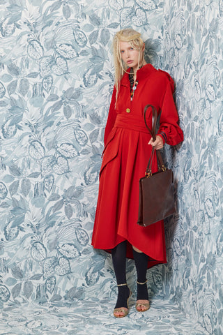 Double-Collar Belted A-Line Midi Dress – Red