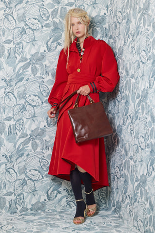 Double-Collar Belted A-Line Midi Dress – Red