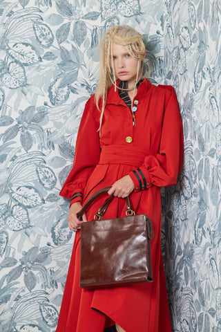 Double-Collar Belted A-Line Midi Dress – Red
