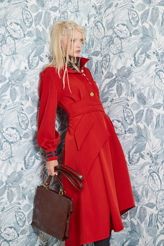Double-Collar Belted A-Line Midi Dress – Red