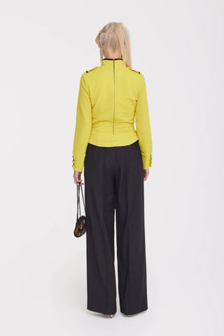 Fitted Asymmetrical Ruched Long Sleeve Blouse – Yellow