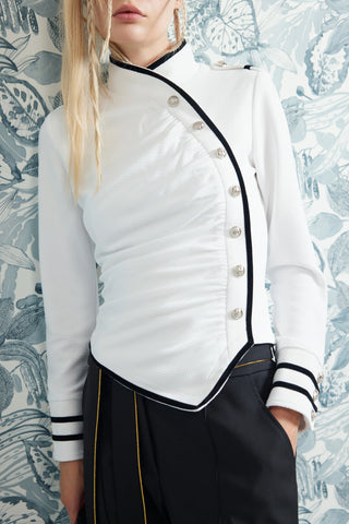 Fitted Asymmetrical Ruched Long Sleeve Blouse – White