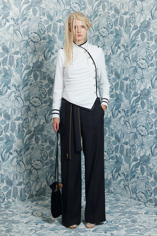 Fitted Asymmetrical Ruched Long Sleeve Blouse – White