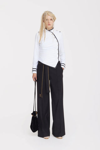 Fitted Asymmetrical Ruched Long Sleeve Blouse – White