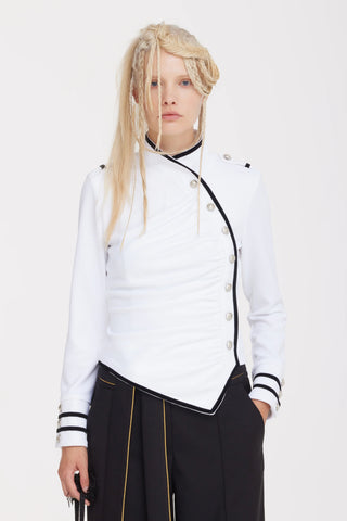 Fitted Asymmetrical Ruched Long Sleeve Blouse – White