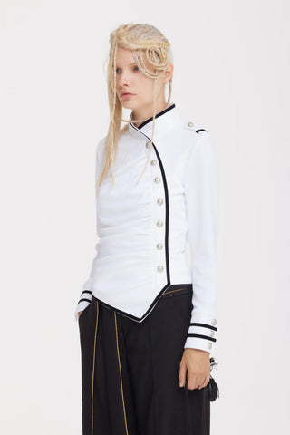 Fitted Asymmetrical Ruched Long Sleeve Blouse – White