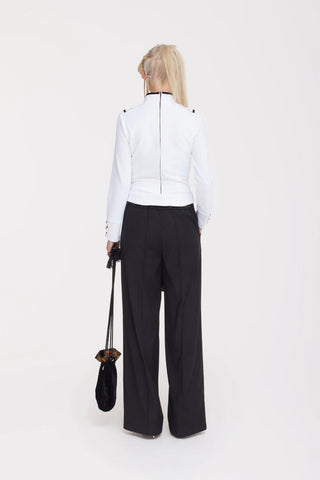 Fitted Asymmetrical Ruched Long Sleeve Blouse – White