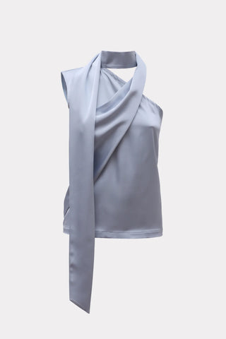 Asymmetrical Satin Top With Choker Collar Light Blue