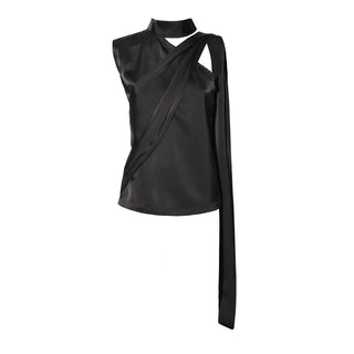 Asymmetrical Satin Top With Choker Collar Black