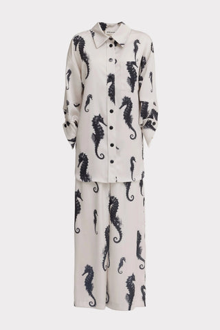 Pantaloni palazzo cu talie paperbag și imprimeu Seahorse – ivoar