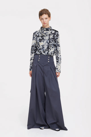 Pantaloni palazzo cu pliuri și detalii în stil utility – gri-albăstrui