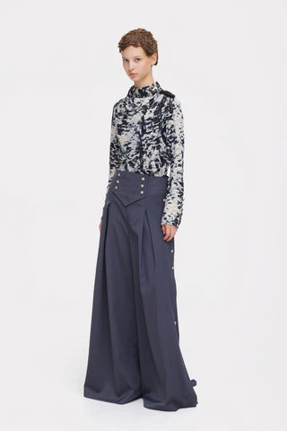 Pantaloni palazzo cu pliuri și detalii în stil utility – gri-albăstrui