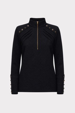 Textured Knit Long Sleeve Zip-Up Top – Black