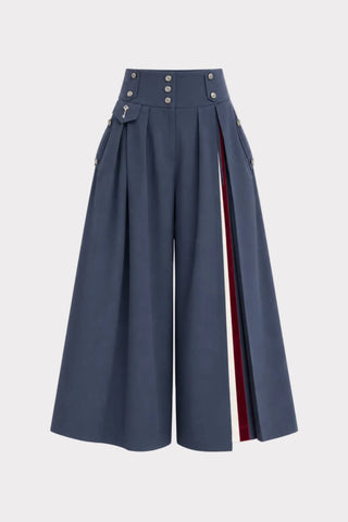 High-Waisted Pleated Wide-Leg Culottes - Blue Grey