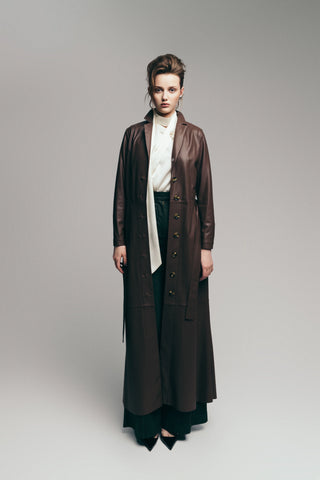 Long Button-Up Eco-Leather Trench - Brown
