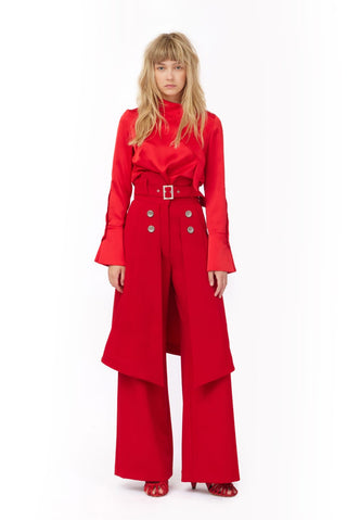 Wide Leg Trousers With Skirt Overlay Red