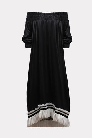 Rochie Midi din Tricot cu Un Umăr Gol și Tiv Asimetric — Neagră