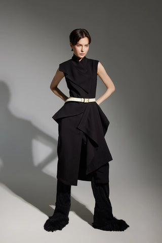 Architectural Draped Midi Dress – Black