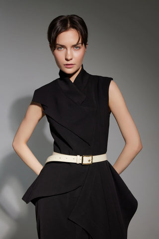 Architectural Draped Midi Dress – Black