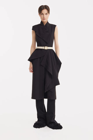 Architectural Draped Midi Dress – Black