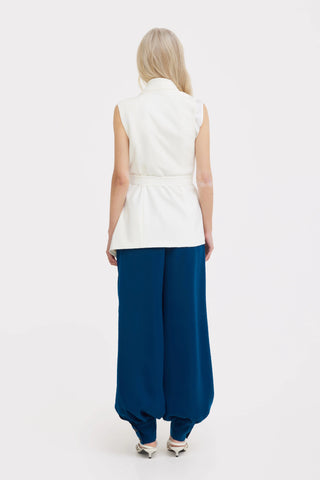 Belted High-Waist Balloon-Leg Pants - Navy