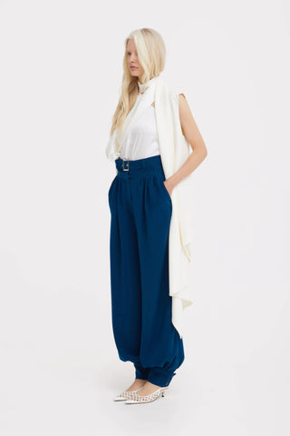 Belted High-Waist Balloon-Leg Pants - Navy