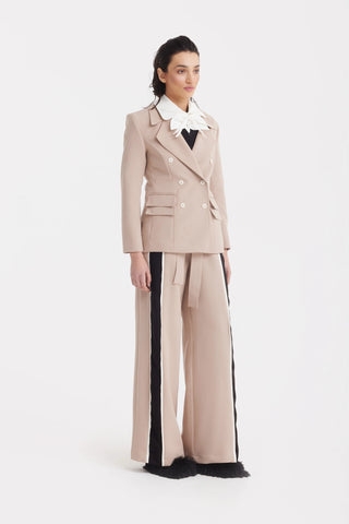 Брюки с высокой посадкой, поясом и широкими штанинами — бежевые