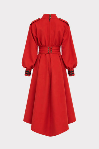 Double-Collar Belted A-Line Midi Dress – Red