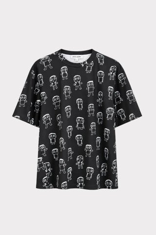 Tricou cu decolteu rotund și imprimeu artistic – negru