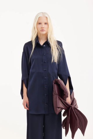 Set chic din satin cu cămașă și pantaloni - bleumarin