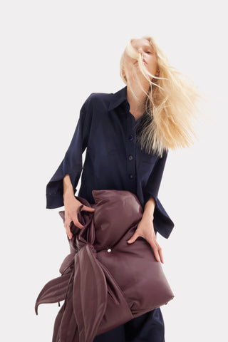 Set chic din satin cu cămașă și pantaloni - bleumarin