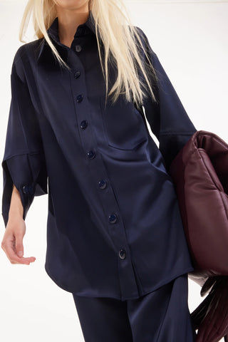 Set chic din satin cu cămașă și pantaloni - bleumarin