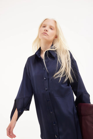 Set chic din satin cu cămașă și pantaloni - bleumarin