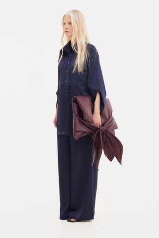 Set chic din satin cu cămașă și pantaloni - bleumarin