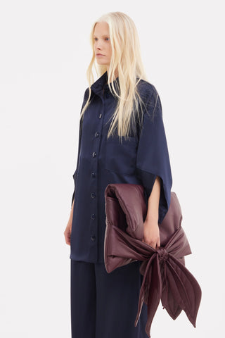 Set chic din satin cu cămașă și pantaloni - bleumarin