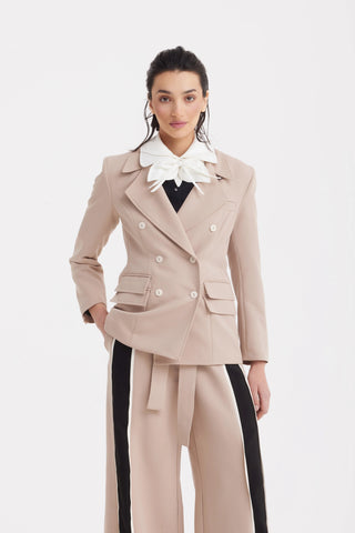 Брюки с высокой посадкой, поясом и широкими штанинами — бежевые