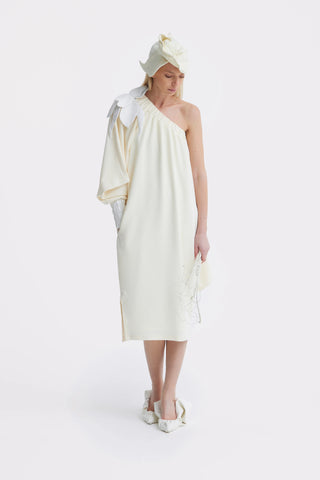 Cocktail One-Shoulder Midi Dress Ecru