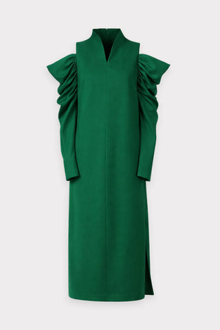 Платье миди А-силуэта с открытыми плечами — зелёное
