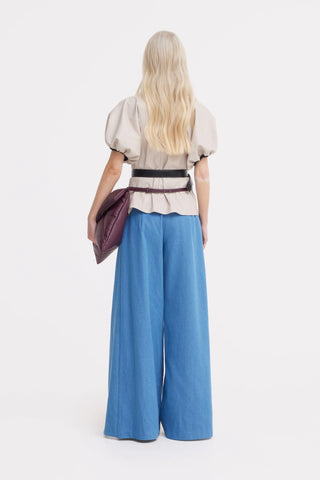 High-Waisted Denim Wrap Trousers, Skirt Effect - Blue