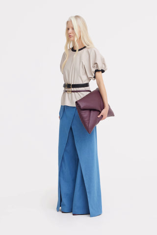High-Waisted Denim Wrap Trousers, Skirt Effect - Blue