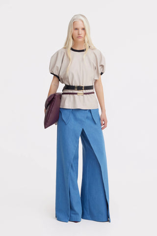 High-Waisted Denim Wrap Trousers, Skirt Effect - Blue